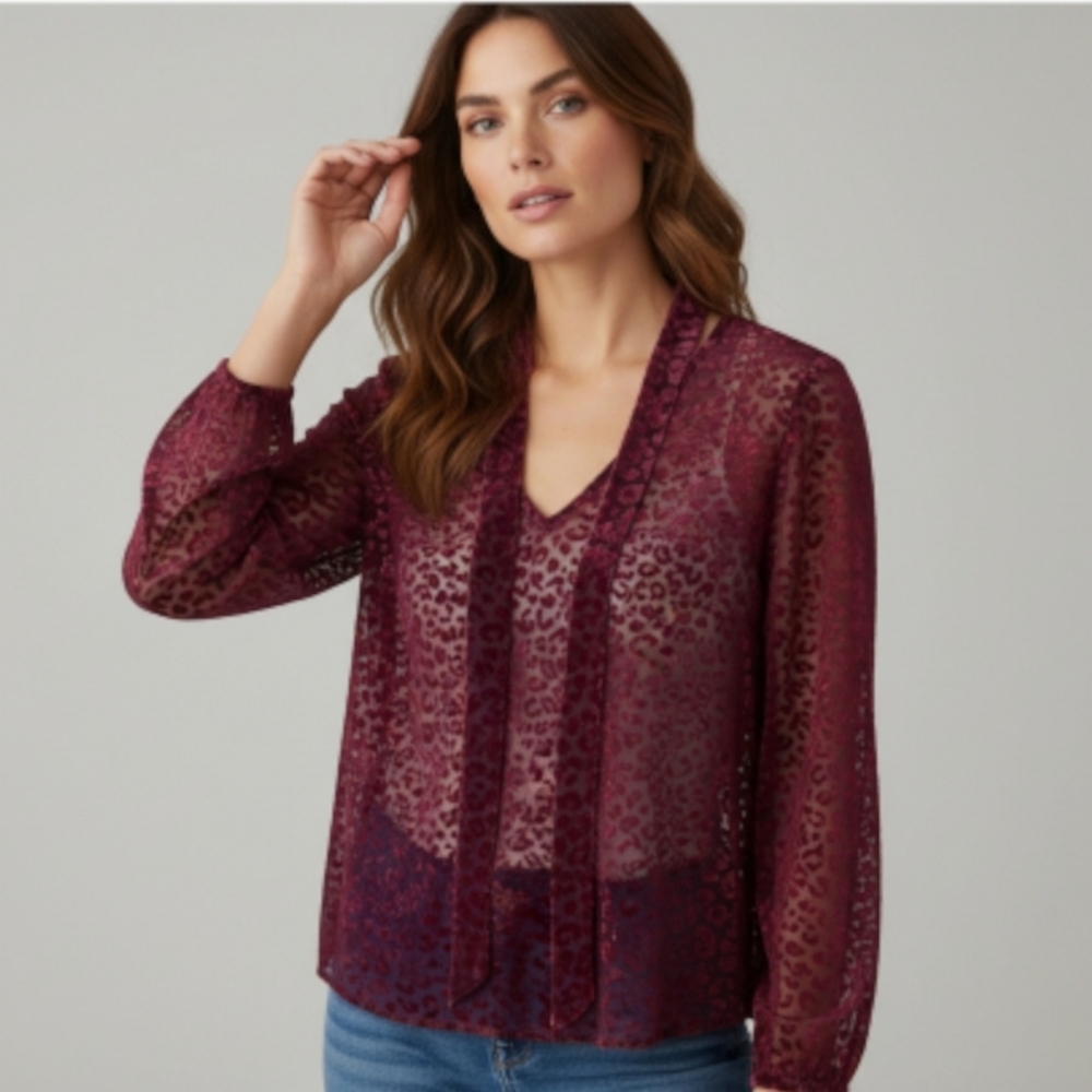 Etcetera Top Burnout Velvet Cheetah Burgundy Black Balloon Puff Long Sleeve 10